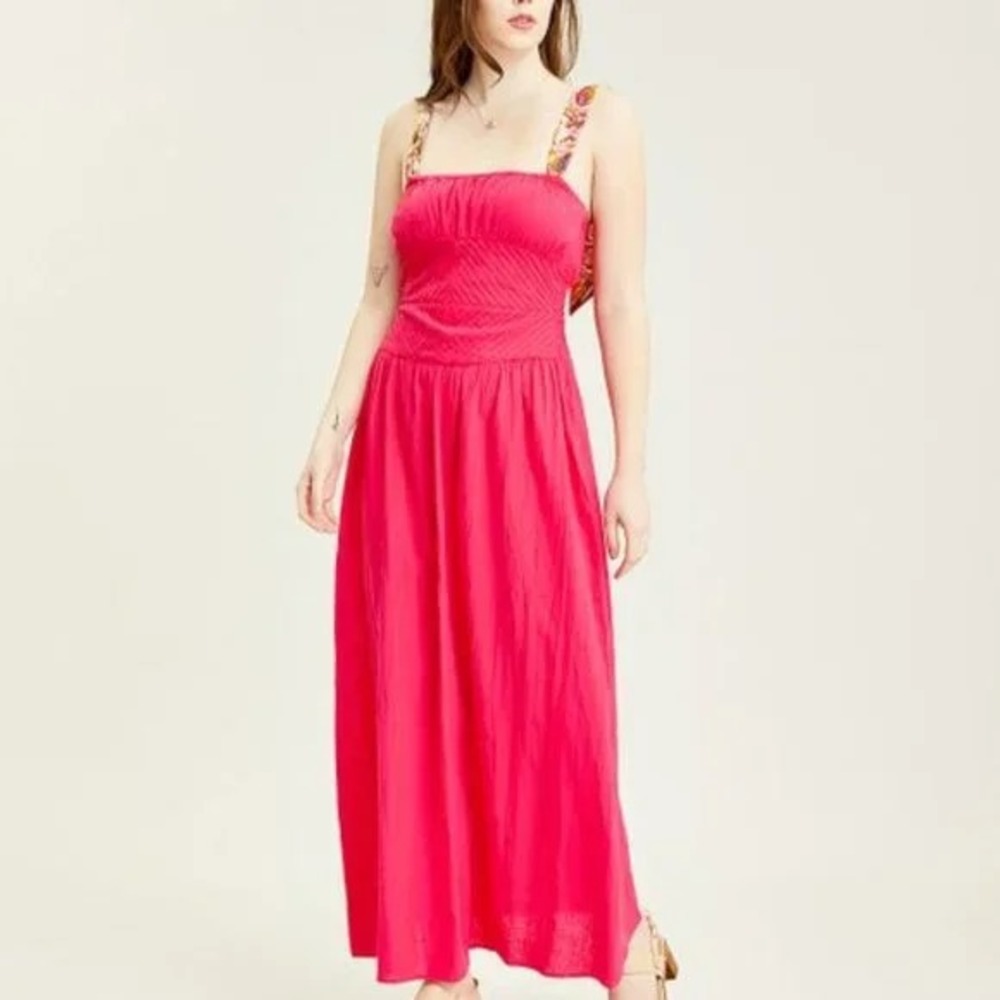 Free People Hot Hibiscus Santorini Maxi Dress Strapped Linen Blend Size 10 - Picture 2 of 16